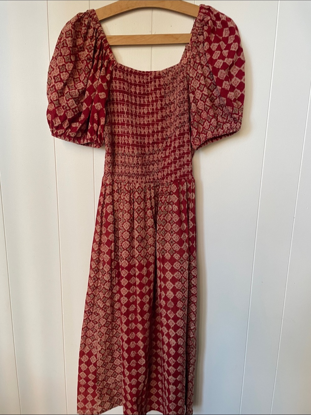 Umber and Ocher Red Patterned Puff Sleeve Midi Dress